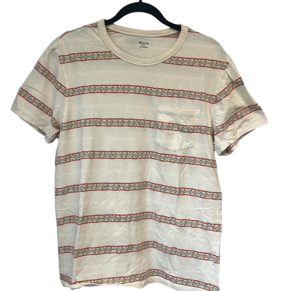Madewell Men’s Cream and Red Striped Patterned Crew Neck Pocket Tee Shirt Sz L